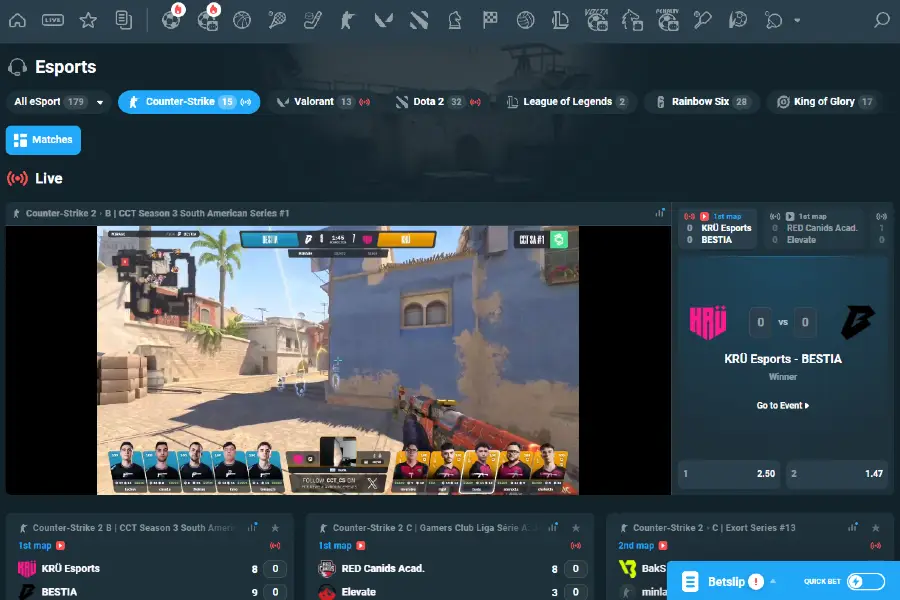 Tether sports betting esports interface showing a live Counter-Strike match and betting panel