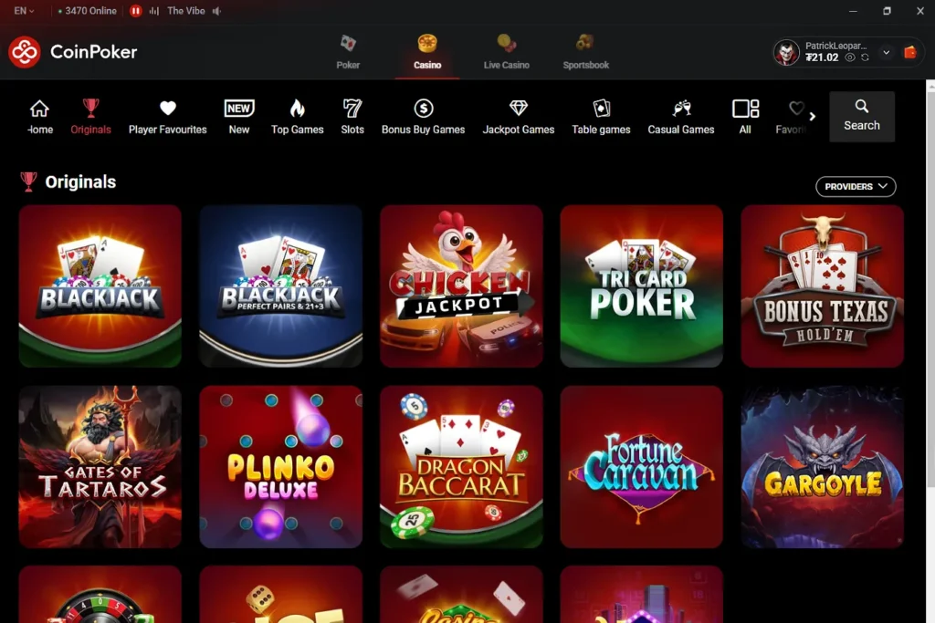 Casino games lobby interface showing a selection of Originals games